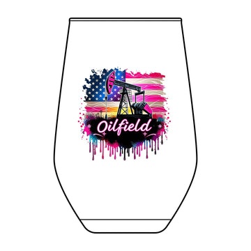 Oilfield Stemless Wine Glass — American Flag Engraved Design (11.5 oz)