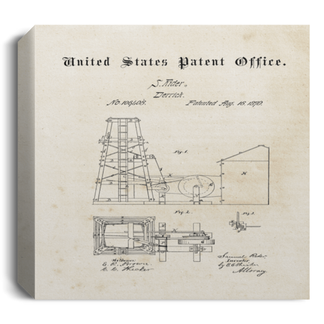 Oilfield Derrick Patent August 1870 Patent Wall Art Square Canvas