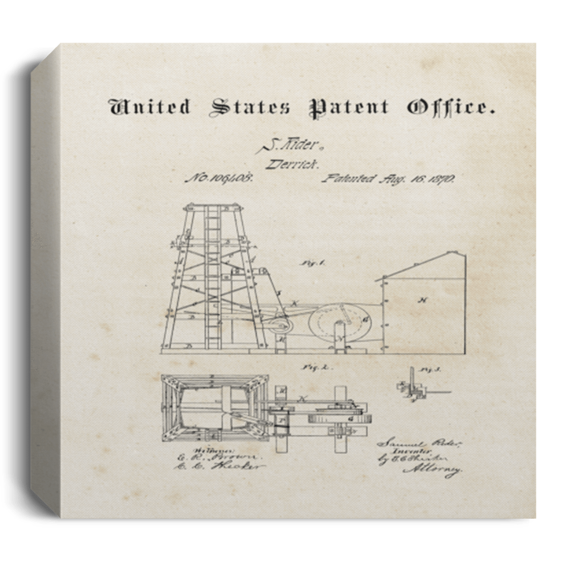 Oilfield Derrick Patent August 1870 Patent Wall Art Square Canvas
