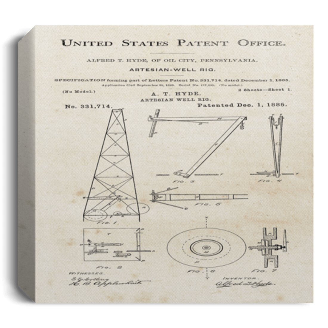 Artesian Well Rig US Patent August 1870 Canvas