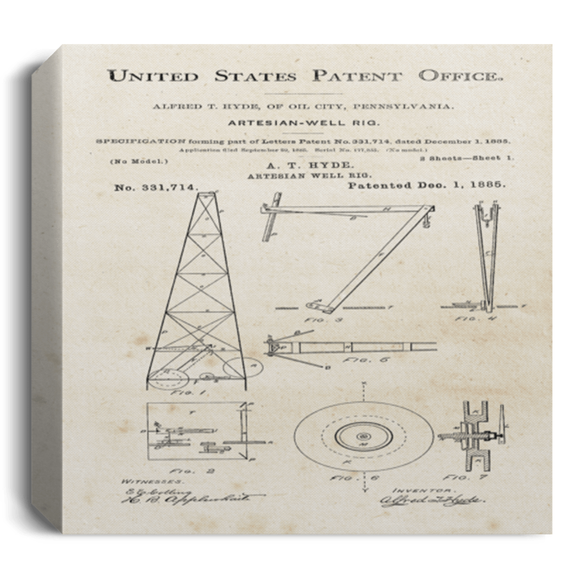 Artesian Well Rig US Patent August 1870 Canvas